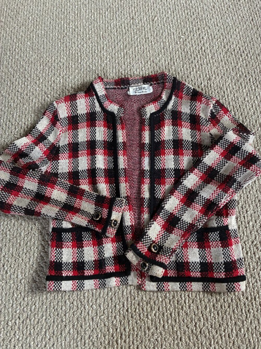 Vintage St. John Cardigan Red Check Plaid Size 2 Neiman Marcus